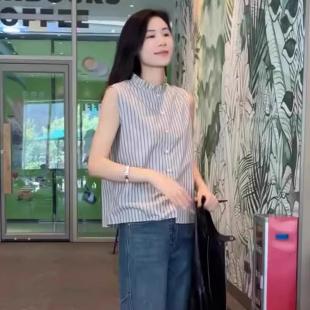 木耳立领设计感条纹无袖 内搭打底衫 坎肩背心衬衫 夏季 上衣 女款 时尚