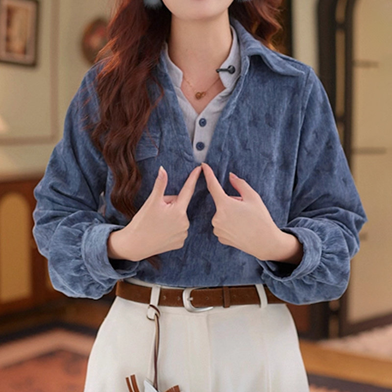 2025冬季新款设计感假两件翻领衬衫女复古港风宽松显瘦休闲上衣潮,女装/女士精品,衬衫,淘宝优惠券,粉丝福利购,淘宝优惠卷