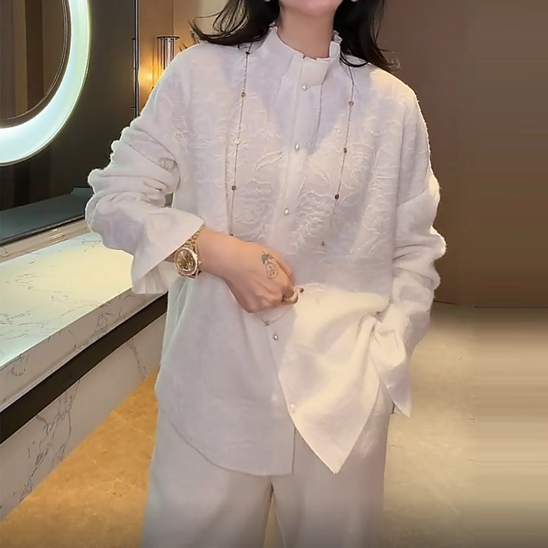 小众设计立领花纹单排扣衬衫女2026冬季新款韩版宽松显瘦减龄上衣