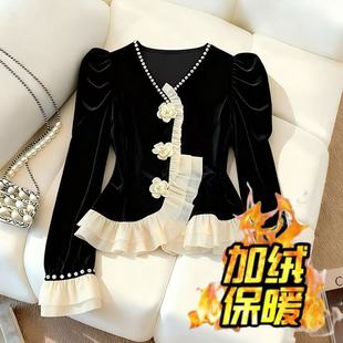 赫本风法式小众掐腰上衣女冬轻奢高端巨好看立体花朵黑色丝绒衬衫