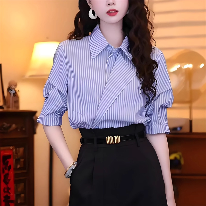港风复古条纹短袖衬衫上衣