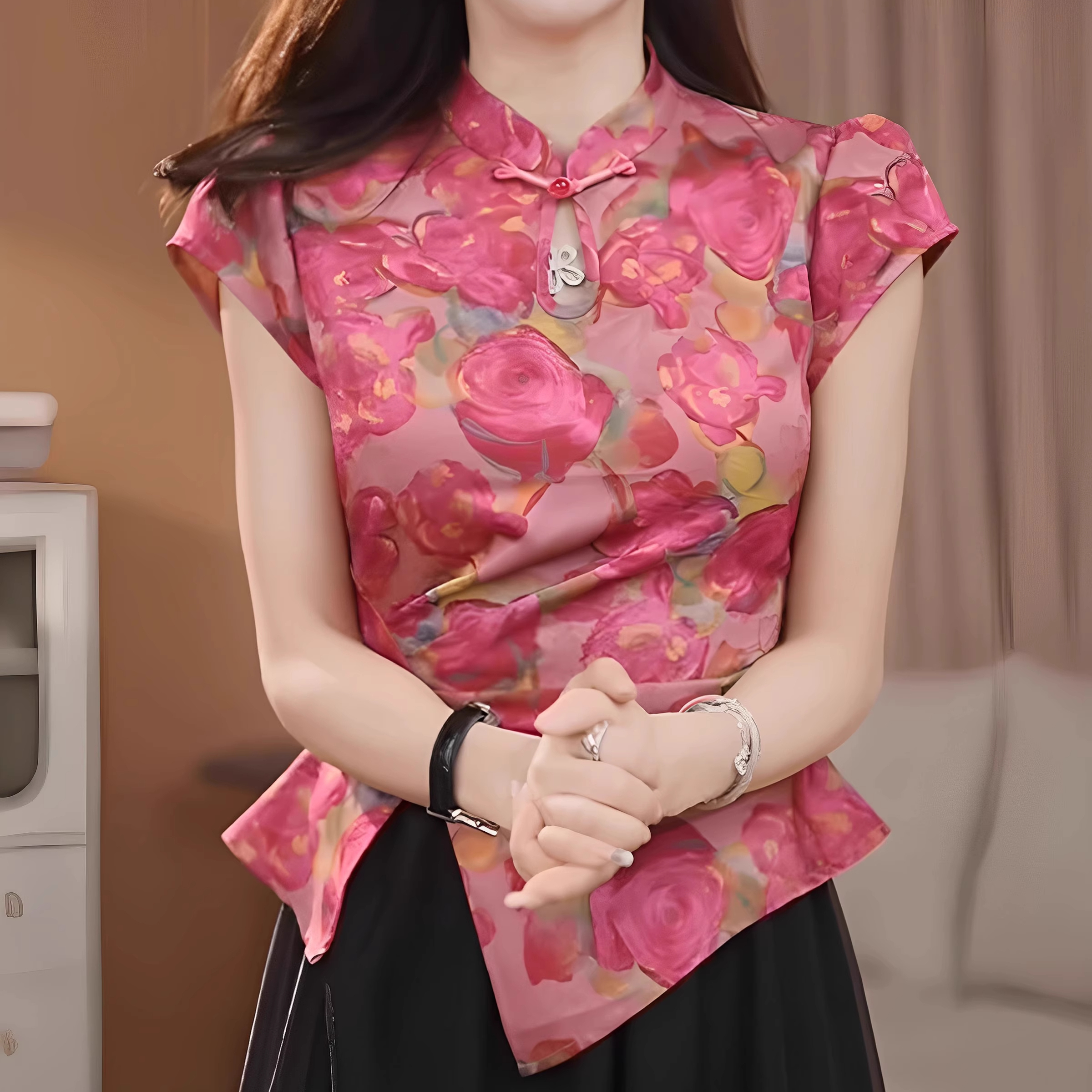 中式国风女装2025新款玫瑰印花短袖衬衫超好看独特漂亮盘扣上衣夏