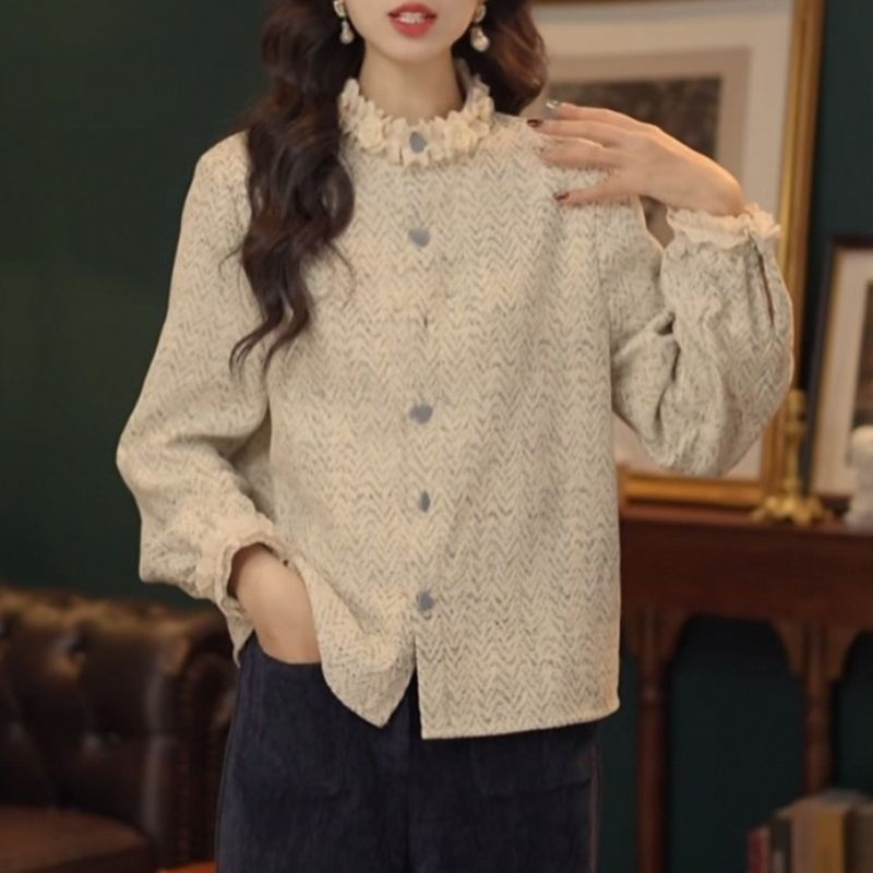 复古立领花边衬衫女单排扣