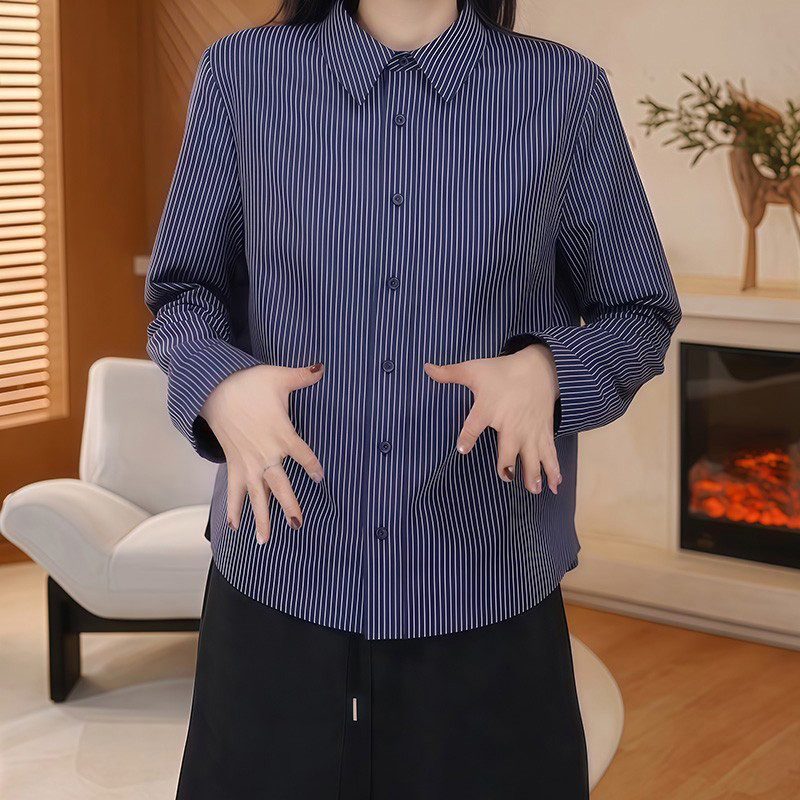 韩版条纹翻领单排扣长袖衬衫女秋冬大码胖MM宽松显瘦休闲减龄上衣,女装/女士精品,衬衫,淘宝优惠券,粉丝福利购,淘宝优惠卷
