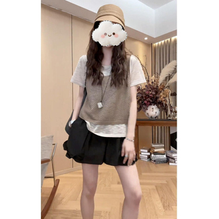 韩系松弛感套装女夏季慵懒风假两件撞色拼接短袖上衣蓬蓬休闲短裤