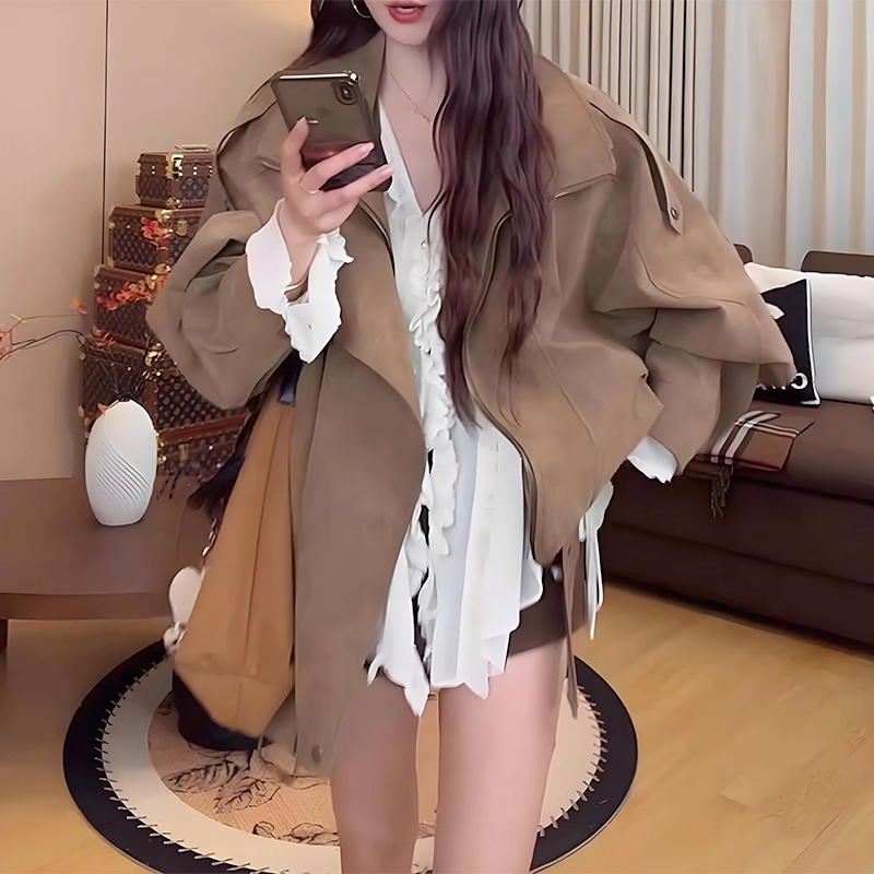 美拉德复古咖色机车夹克外套女