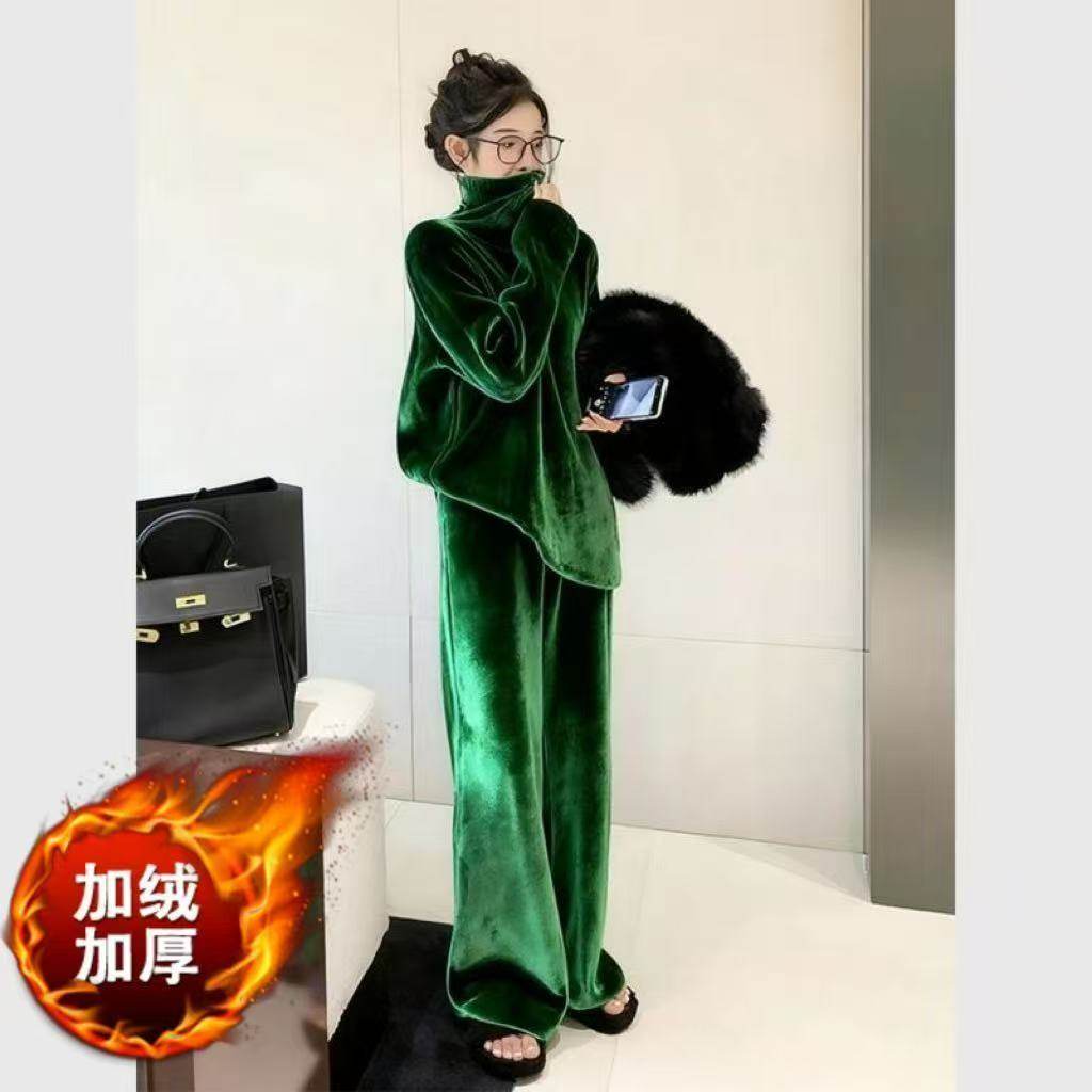 加绒加厚2025冬季一整套高级绝美复古休闲墨绿色丝绒慵懒套装长裤,女装/女士精品,时尚套装,淘宝优惠券,粉丝福利购,淘宝优惠卷