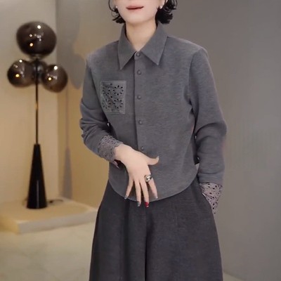 蕾丝拼接磨毛翻领衬衫女秋冬