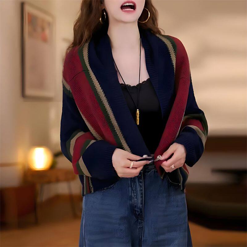 撞色宽松条纹针织开衫女