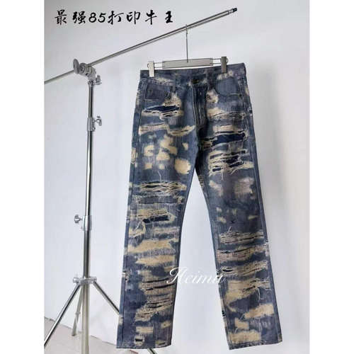 黑木出品牛王UC85数码印花水洗做旧直筒阔腿宽松微喇牛仔裤