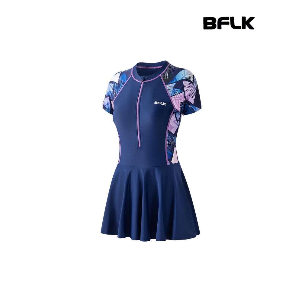 BFLK2025新款女士连体裙式泳衣遮肉显瘦短袖游泳泳装女加大码插色