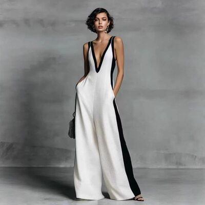 Women fashion sexy sleeveless jumpsuit V neck ladies pants
