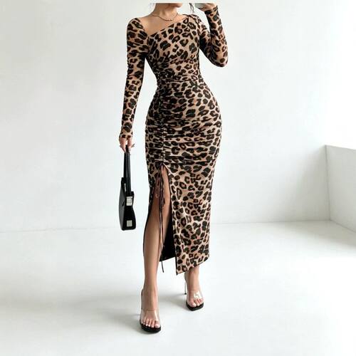 Women sexy leopard print dress split skirt 女裙 Платье