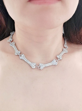 欧美风短款简约高冷INS镶钻金属项链立体骨头设计时尚锁骨链配饰