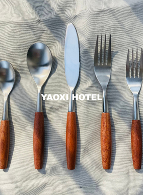 【出口锻造版】304不锈钢木柄刀叉勺子套装复古风甜品勺水果叉子