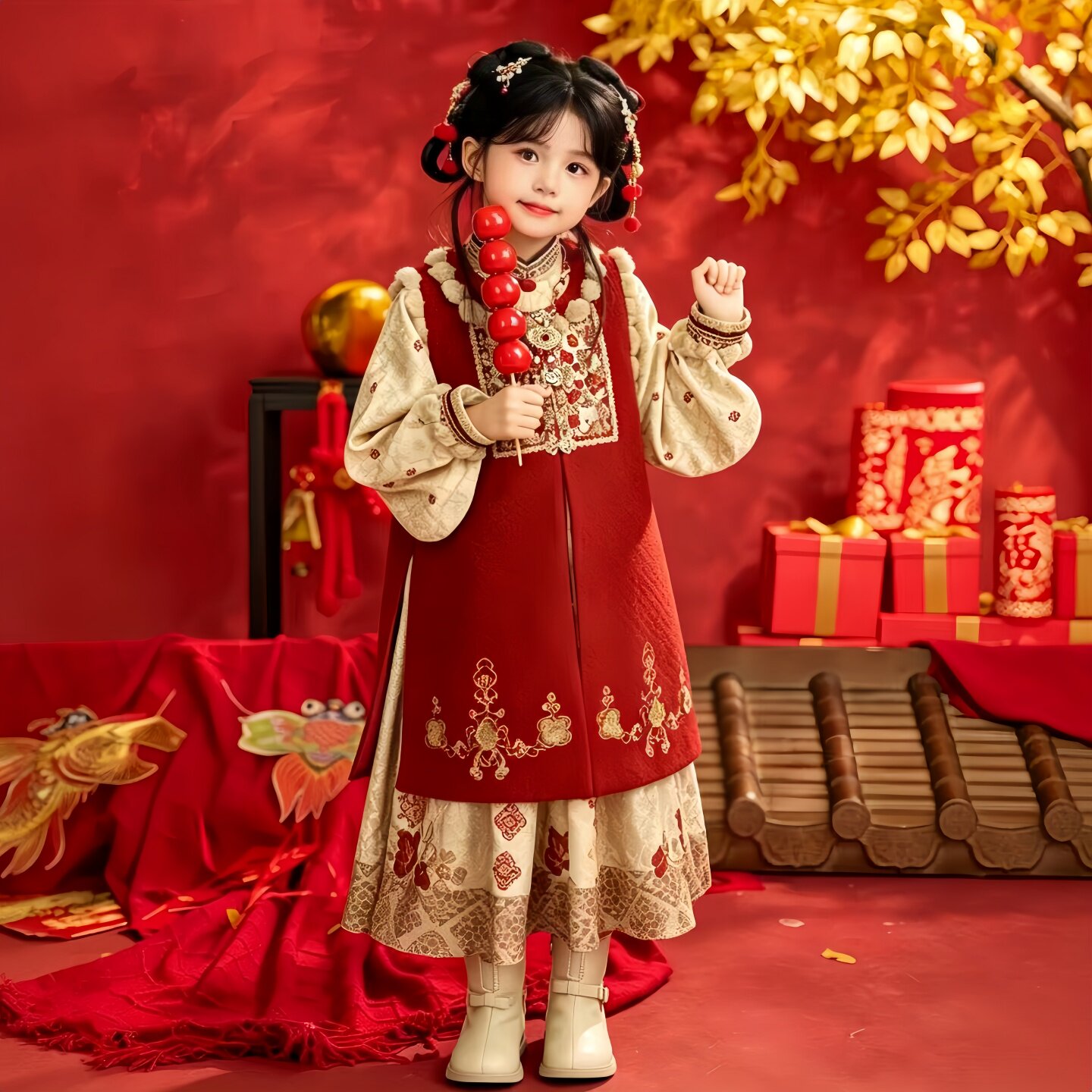 儿童拜年服汉服女童明制比甲冬季国风刺绣长裙新年喜庆礼服套装