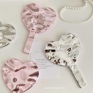 ins水波纹高级感爱心手持镜子手柄手拿化妆镜细节补妆镜网红同款