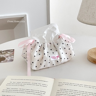 ins风抽绳纸巾盒家用纸巾套高颜值桌面餐巾纸收纳盒布艺抽纸盒