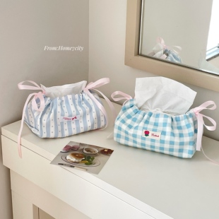 ins风韩系抽绳纸巾袋蓝色格子单层纸巾盒家居氛围感抽纸收纳盒