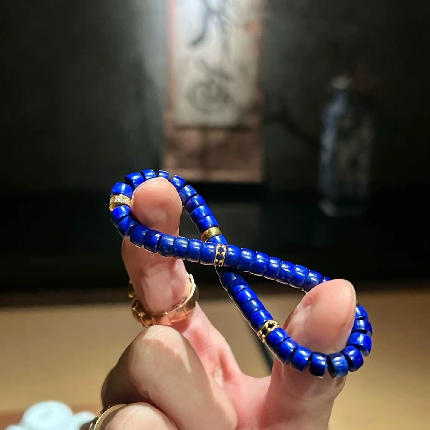 毕业级纯天然青金石直切手链男女高级感金钻克莱因蓝文玩手串有