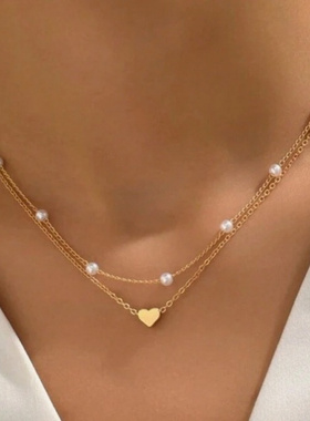 欧美跨境珍珠爱心项链百搭珍珠多