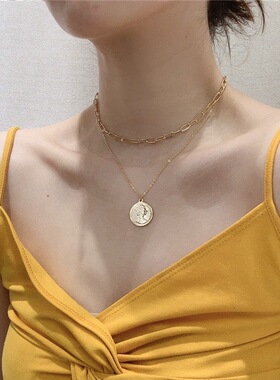 韩国金色多层叠戴钱币百搭锁骨链