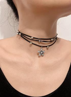 多层皮绳项链女花朵吊坠锁骨链