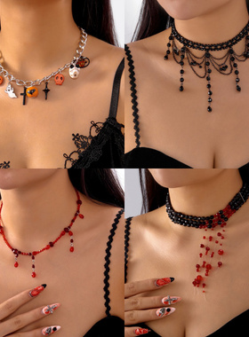 万圣暗黑血滴流苏水晶项链