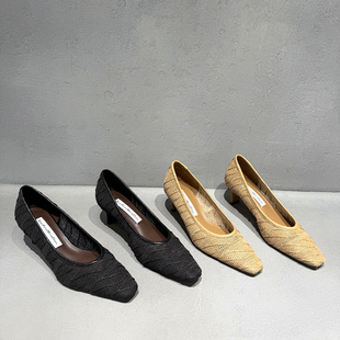 欧洲站女鞋2026年春季新款欧货方头浅口高跟鞋镂空透气低帮单鞋