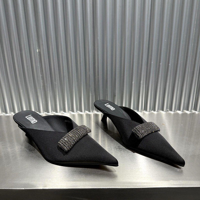 欧洲站包头拖鞋女2026年春季新款欧货布面尖头浅口懒人高跟半拖