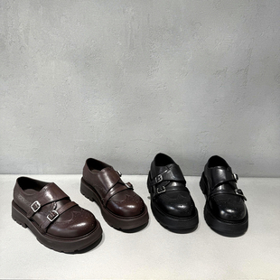 欧洲站真皮女鞋2026早春新款欧货英伦风圆头厚底乐福鞋皮带扣单鞋