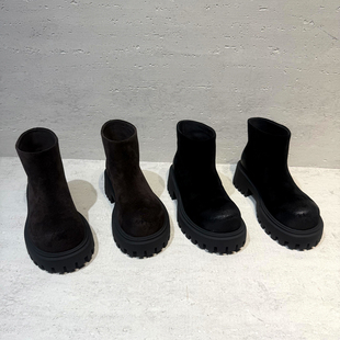 欧洲站真皮短靴女2025年秋季 欧货磨砂皮圆头厚底休闲马丁靴潮 新款