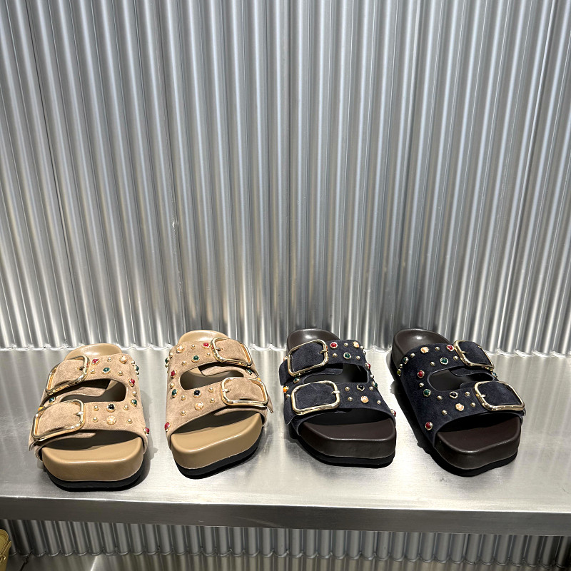 欧洲站真皮厚底露趾一字拖鞋女2026年夏季新款欧货磨砂皮勃肯凉拖