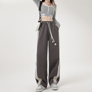 灰色运动裤女秋冬2023新款美式宽松垂感显瘦直筒阔腿休闲束脚卫裤
