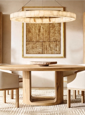 美国rh家具桌子法式复古实木圆形饭桌侘寂风现代简约家用橡木餐桌