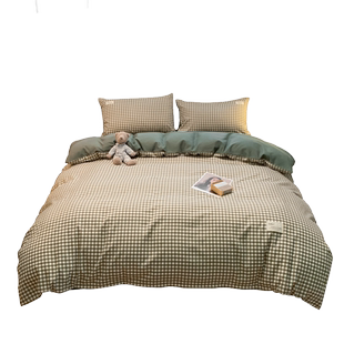 ins北欧简约磨毛复古格子水洗棉床上四件套非全棉纯棉被套三件套