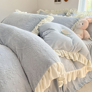 秋冬季公主风花边床上牛奶绒四件套床品双面绒被套加绒珊瑚绒床单