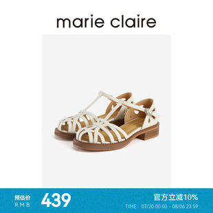 MC女鞋 陶瓷乳白圆头牛皮编织罗马凉鞋 中跟镂空marieclaire女鞋