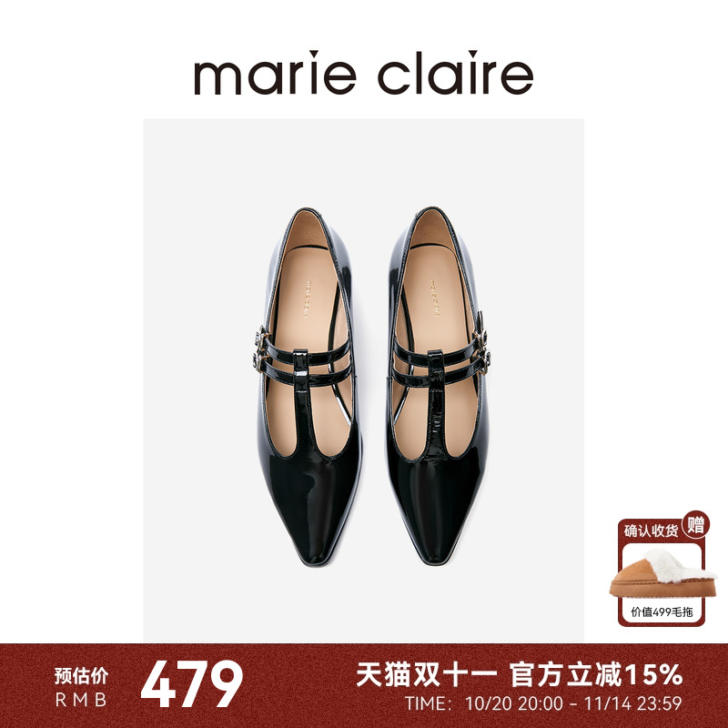 T带尖头时尚漆面玛丽珍鞋单鞋