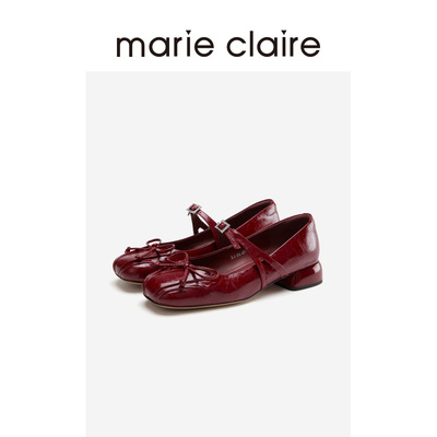 MC女鞋樱桃红牛油皮蝴蝶结方跟复古玛丽珍鞋夏季marieclaire女鞋a
