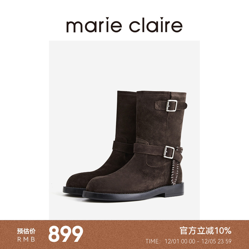 MC女鞋明线双扣中短靴2025年冬季新款圆头短靴女marieclaire女鞋