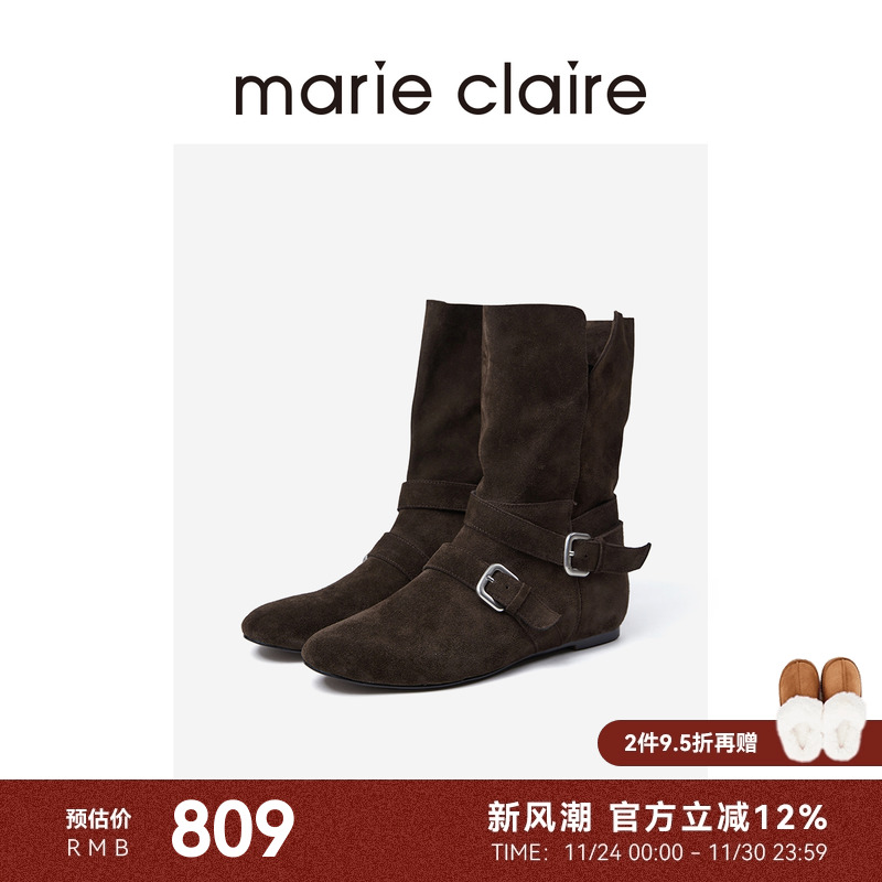 MC女鞋针扣中短靴2025年冬季新款内增高短靴女marieclaire女鞋