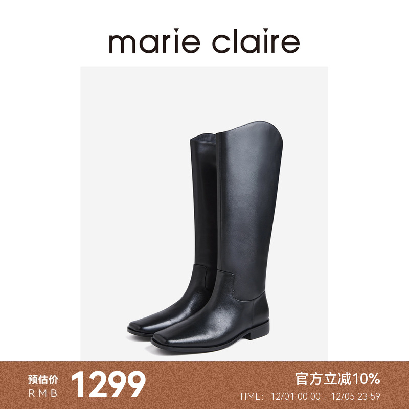 MC女鞋极简马靴2025年冬季方头粗跟骑士长筒靴女marieclaire女鞋