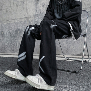 早秋高街美式vibe微喇扎染修身牛仔裤男黑色休闲裤 K883-P55 控78图片