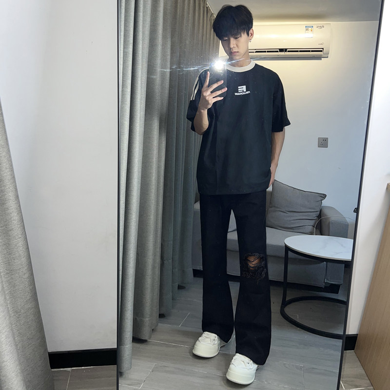 早秋美高街纯黑色弹力修身直筒大码微喇情侣牛仔裤男K860-P50,男装牛仔裤,星座205
