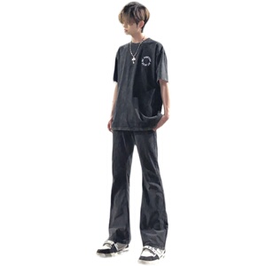 早秋美高街纯黑色弹力修身直筒大码微喇情侣牛仔裤男K860-P50图片