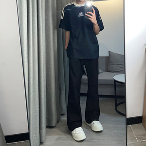 早秋美高街纯黑色弹力修身直筒大码微喇情侣牛仔裤男K860-P50图片