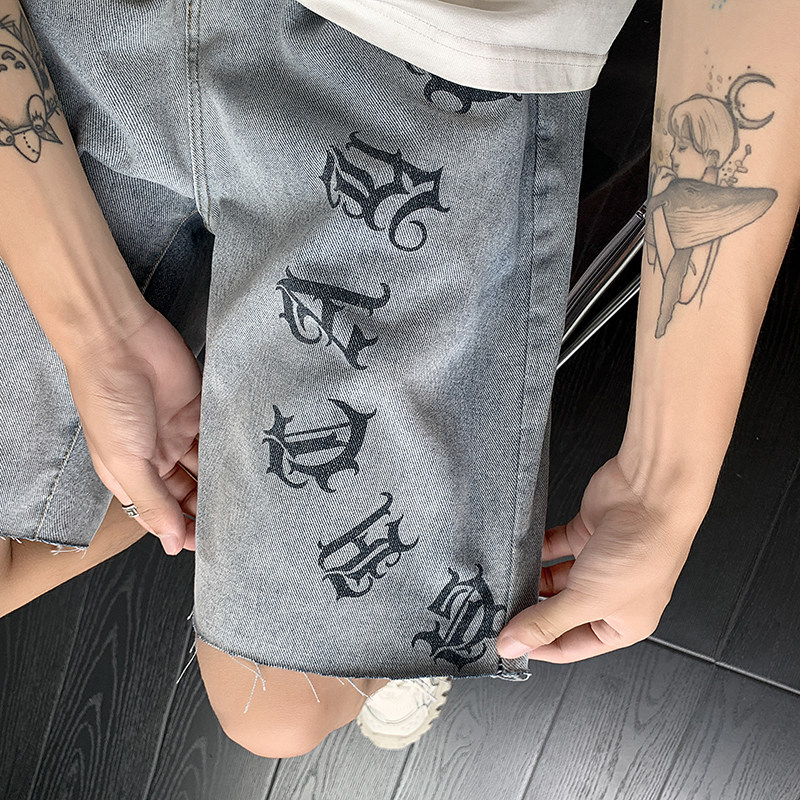 高街欧美涂鸦设计感vibe毛边五分宽松薄款牛仔短裤男K506-P40，男装牛仔裤，星座205