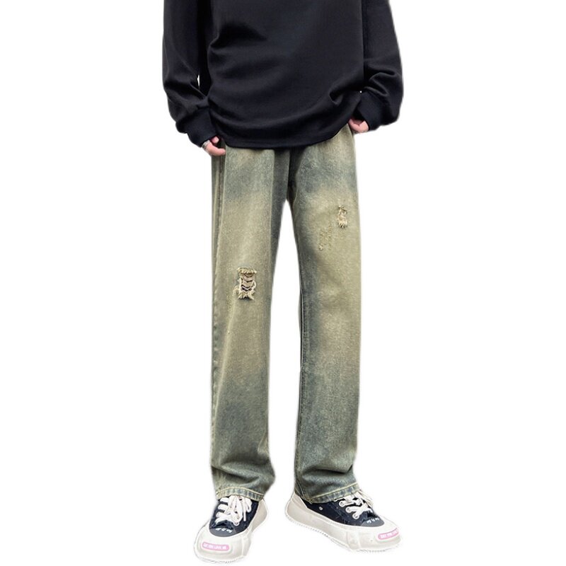 早秋高街vibe宽松牛仔裤黄泥染直筒休闲裤男K636-P58控78,男装牛仔裤,星座205