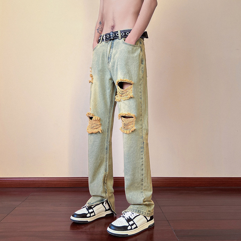 春夏高街vibe修身破洞黄泥染拉链牛仔裤男K822-K823-P65控88,男装牛仔裤,星座205